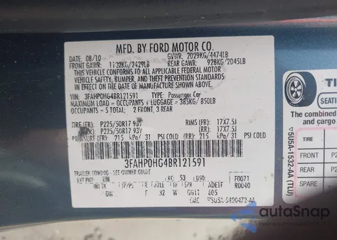 2011 Ford Fusion Se из США, поврежденный, VIN 3FAHP0HG4BR121591